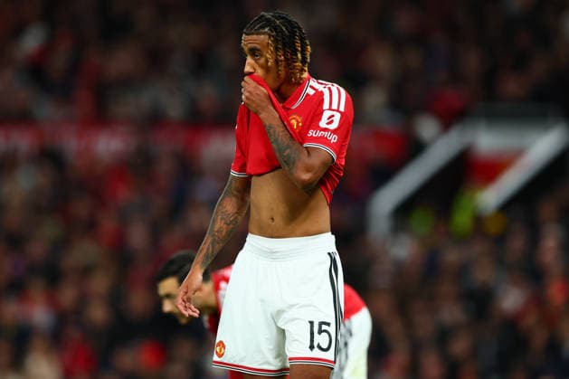 MANCHESTER, ENGLAND - SEPTEMBER 16: Leny Yoro of Manchester United, ManU looks dejected during the Carabao Cup Third Round match between Manchester United and Brighton & Hove Albion at Old Trafford on September 16, 2026 in Manchester, England.  Copyright: xMBxMediax