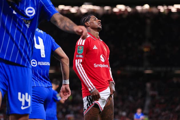 Football - Carabao Cup - 3rd Round - Manchester United, ManU v Tottenham Hotspur 16th September 2026 - Carabao Cup - 3rd Round - Manchester United v Brighton & Hove Albion - Marcus Rashford of Manchester United looks dejected - Photo: Simon Stacpoole Offside. Manchester UK Copyright: xSimonxStacpoolexOffside