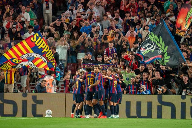Spanish LaLiga EA Sports FC Barcelona, Barca v Racing Santander in Barcelona, Spain. FC Barcelona players celebrating a goal during LaLiga EA Sports match between FC Barcelona and Racing Santander in Spotify Camp Nou, Barcelona, Spain, on September 16, 2026. Barcelona Spotify Camp Nou Barcelona Spain