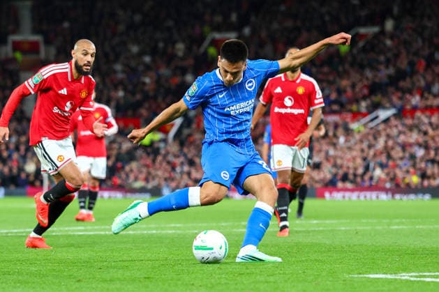 16th September 2026; Old Trafford, Manchester, England; Carabao Cup Football, Manchester United, ManU versus Brighton and Hove Albion; Diego Gomez of Brighton and Hove Albion shoots at goal RogerxEvans