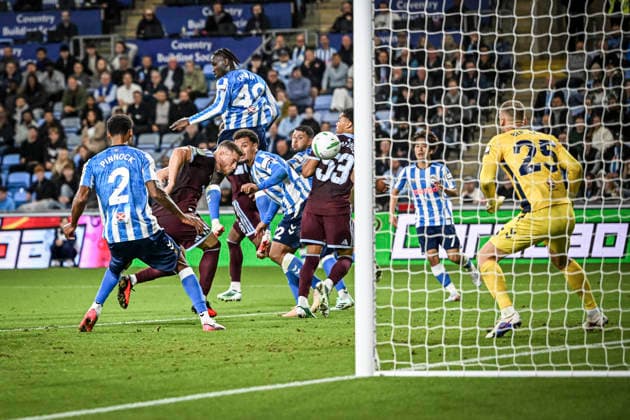 16th September 2026; Coventry Building Society Arena, Coventry, West Midlands, England; Carabao Cup Football, Coventry City versus Aston Villa; Ross Barkley of Aston Villa scores past Dan Bentley of Coventry City in the 40th minute to make the score 1-2 GodfreyxPitt