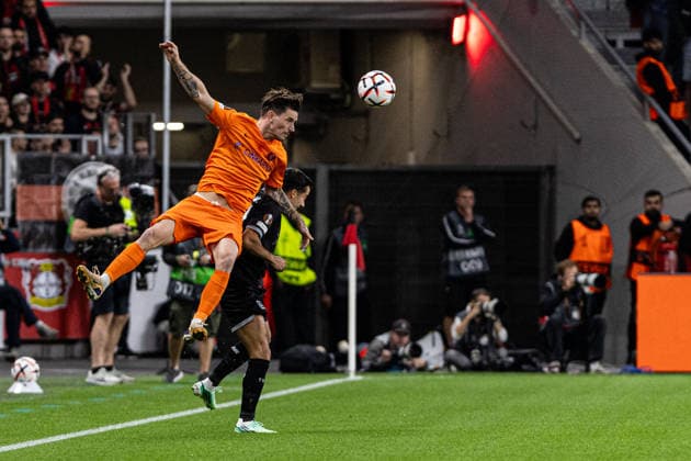 UEFA Europa League: Bayer 04 Leverkusen - NK Celje; 16.09.2026 Benjamin Verbic (NK Celje, 7), Lucas Vazquez (Bayer 04 Leverkusen, 17) UEFA Europa League 1. Spieltag: Bayer 04 Leverkusen - NK Celje; BayArena, Leverkusen; 16.09.2026 Copyright: xBEAUTIFULxSPORTS Buriakovx