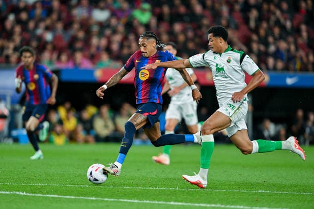 FC Barcelona, Barca v REAL RACING CLUB SPOTIFY CAMP NOU. BARCELONA Sep 16,2026 FC BARCELONA vs REAL RACING CLUB SANTANDER SEP 16 ,2026 Raphina (11) of FC Barcelona vies with Pedro (22) of Real Racing Club during the match between FC Barcelona and Real Racing Club corresponding to the sixth day of La Liga EA Sports at at Spotify Camp Nou in Barcelona, Spain. Barcelona ESP Copyright: xS.xRosx