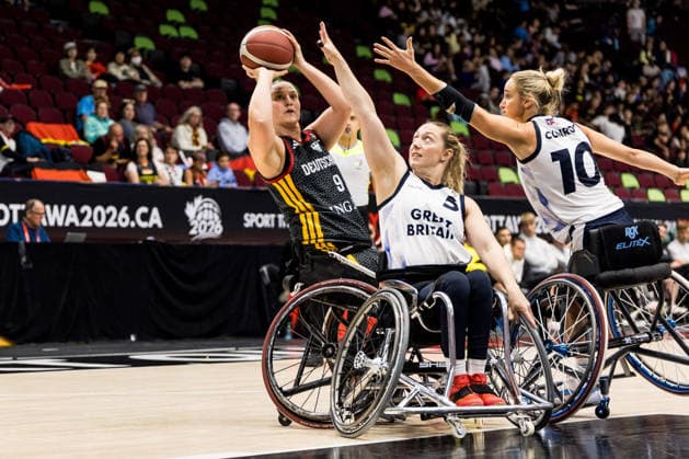 OTTAWA, CANADA - SEPTEMBER 16: Lena Knippelmeyer (Germany, 9) controls the ball against Sophie Carrigill (Great Britain, 5) and Amy Conroy (Great Britain, 10) during the Ottawa IWBF Wheelchair Basketball World Championships match between Great Britain vs. Germany at Arena at TD Place on matchday 8 of the Ottawa IWBF Wheelchair Basketball World Championships on September 16, 2026 in Ottawa, Canada. Canada Copyright: xSteffiexWunderlx