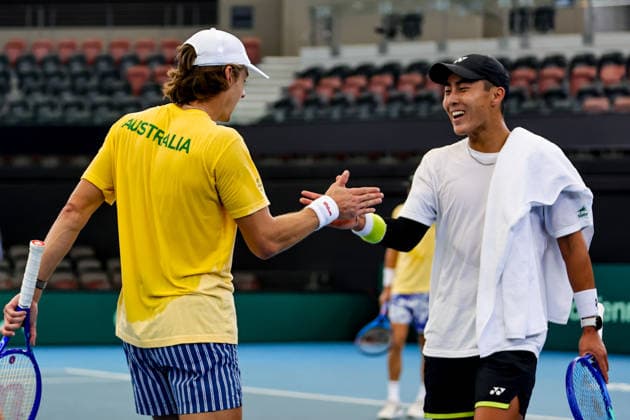 Davis Cup Tennis - Australia Team Training 1 in Brisbane, Australia - 17 SEP 2026. Alex De Minaur and Rinky Hijikata seen after their practice match at Pat Rafter Arena . Australian Davis Cup Team training prior to their World Group I tie versus Poland. The Round is being held at Pat Rafter Arena. Brisbane Australia Copyright: xRichardxHainesx xSOPAxImagesx Richard Haines Davis Cup (6)