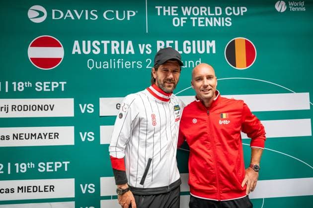 Austria s team captian Jurgen Melzer and Belgian captain Steve Darcis pictured during the draw for the second round of Davis Cup qualifying between Belgium and Austria (Sept. 18 19), in Vienna, on Thursday 17 September 2026. DAVIDxPINTENS  x186739734x