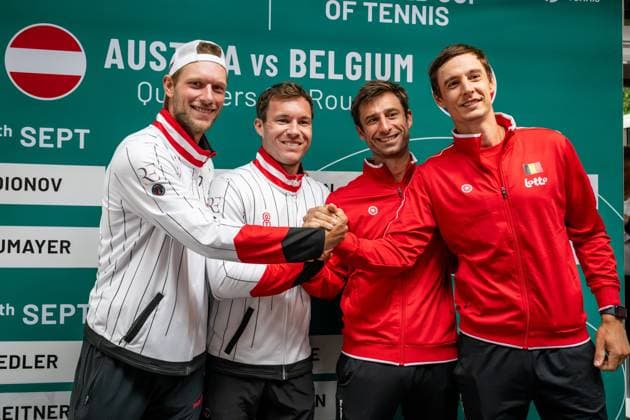 Austrian Lucas Miedler; Austrian Neil Oberleitner; Belgian Sander Gille and Belgian Joran Vliegen are pictured during the draw for the second round of Davis Cup qualifying between Belgium and Austria (Sept. 18 19), in Vienna, on Thursday 17 September 2026. DAVIDxPINTENS  x186739753x