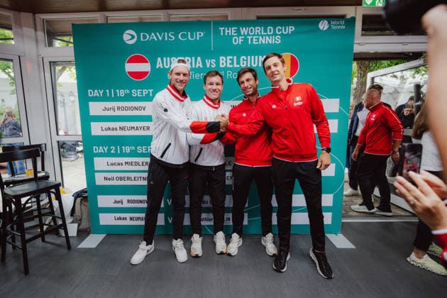 TENNIS - Davis Cup, AUT vs BEL VIENNA,AUSTRIA,17.SEP.26 - TENNIS - ITF Davis Cup, qualification round 2, Austria vs Belgium, preview. Image shows Neil Oberleitner, Lukas Miedler (AUT), Sander Gille and Joran Vliegen (BEL).  GEPAxpictures xAlexanderxSolc