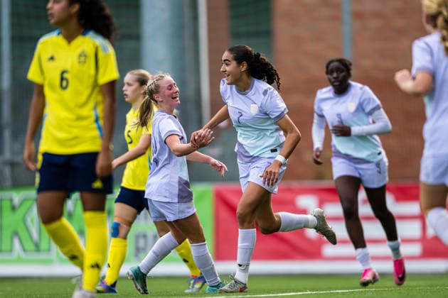 260917 Sara el Hammichi of Norway celebrates after scoring the 5-4 goal during the under 15 friendly match between Norway and Sweden on September 17, 2026 in Lorenskog. Photo: Marius Simensen BILDBYRAN COP 238 bbeng dam football fotball fotboll jubel norge norway soccer sverige sweden treningskamp Copyright: MARIUSxSIMENSEN BB260917BB270