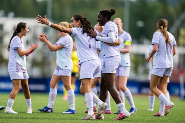 260917 Sara el Hammichi of Norway celebrates after scoring the 5-4 goal during the under 15 friendly match between Norway and Sweden on September 17, 2026 in Lorenskog. Photo: Marius Simensen BILDBYRAN COP 238 bbeng dam football fotball fotboll jubel norge norway soccer sverige sweden treningskamp Copyright: MARIUSxSIMENSEN BB260917BB272