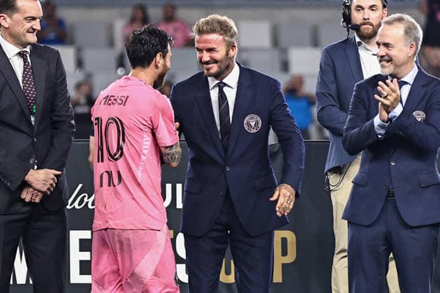 MIAMI, FL - SEPTEMBER 16: Inter Miami CF Forward Lionel Messi (10) celebrates with Inter Miami CF owner, David Beckham, during the post match ceremony at the 2026 Michelob ULTRA Campeones Cup soccer match between Inter Miami CF and Cruz Azul on September 16, 2026 at NU Stadium, Miami, Fla.(Photo by Chris Arjoon Icon Sportswire) SOCCER: SEP 16 Campeones Cup Final Inter Miami CF vs Cruz Azul EDITORIAL USE ONLY Icon2609160000050