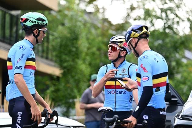 UCI 2026 Road World Championship, WM, Weltmeisterschaft Montreal 17 09 2026 BROMONT, CANADA - SEPTEMBER 17 : Evenepoel Remco (BEL) of Red Bull BORA Hansgrohe and Benoot Tiesj (BEL) of Decathlon CMA CGM Team pictured during a training session prior to the Men Elite cycling road race of the 2026 UCI Road World Championships 93th edition an UCI World Championships cycling race in Montreal on September 17, 2026 in Bromont, Canada, 17 09 2026 Bromont Canada  Copyright: xPeterxDexVoechtx
