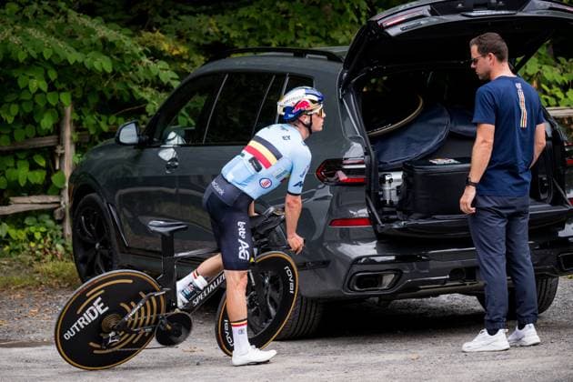 Belgian Remco Evenepoel and Klaas Lodewyck pictured during a training session before the cycling World Championship, WM, Weltmeisterschaft in Bromont, Canada, Thursday 17 September 2026. The road world championships are taking place from 20 to 27 September, in Montreal, Canada. JASPERxJACOBS  x186769582x