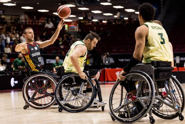 OTTAWA, CANADA - SEPTEMBER 17: Thomas Boehme (Böhme, Germany, 13) controls the ball against Philip Evans (Australia, 18) during the Ottawa IWBF Wheelchair Basketball World Championships semi final match between Australia vs. Germany at Arena at TD Place on matchday 9 of the Ottawa IWBF Wheelchair Basketball World Championships on September 17, 2026 in Ottawa, Canada. Canada Copyright: xSteffiexWunderlx