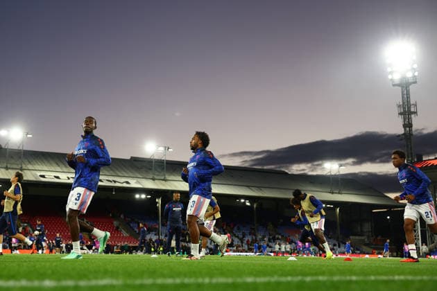 London, England, 17th September 2026. Crystal Palace players warm up before the Crystal Palace vs KKS Lech Poznan UEFA Conference League match at Selhurst Park, London. Picture credit should read: Paul Terry Sportimage EDITORIAL USE ONLY. No use with unauthorised audio, video, data, fixture lists, club league logos or live services. Online in-match use limited to 120 images, no video emulation. No use in betting, games or single club league player publications. SPI_013_PT_Palace_Lech_Poznan SPI-5004-0013