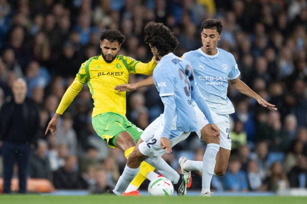 Manchester City v Norwich City Carabao Cup Anis Ben Slimane of Norwich City clashes with Ayyoub Bouaddi of Manchester City during the Carabao Cup Third Round match between Manchester City and Norwich City at the Etihad Stadium, Manchester. 17 09 2026 Commissioned for use in Newsquest Norfolk titles only. All other titles fees apply. UK Newspapers OUT Copyright: xMattxWilkinsonx FIL-23950-0066