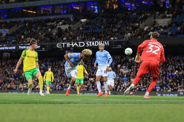 Football - Carabao Cup - 3rd Round - Manchester City v Norwich City 17th September 2026 - Carabao Cup - 3rd Round - Manchester City v Norwich City - Floyd Samba of Manchester City scores their 1st goal - Photo: Simon Stacpoole Offside. Manchester UK Copyright: xSimonxStacpoolexOffside