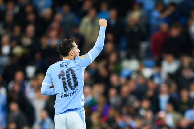 17th September 2026; Etihad Stadium, Manchester, England; Carabao Cup Football, Manchester City versus Norwich City; Rayan Cherki of Manchester City salutes the crowd after scoring to make it 2-0 in the 32nd minute RogerxEvans