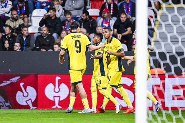 Union s Relebohile Mofokeng celebrates after scoring during a soccer game between Czech FC Viktoria Plzen and Belgian Royale Union Saint-Gilloise, Thursday 17 September 2026 in Plzen, Czech Republic, on the first day (out of 8) in the league phase of the UEFA Europa League competition. TOM GOYVAERTS TomxGoyvaerts  x186776998x