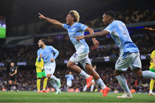 Football - Carabao Cup - 3rd Round - Manchester City v Norwich City 17th September 2026 - Carabao Cup - 3rd Round - Manchester City v Norwich City - Floyd Samba of Manchester City celebrates after scoring their 1st goal - Photo: Simon Stacpoole Offside. Manchester UK Copyright: xSimonxStacpoolexOffside