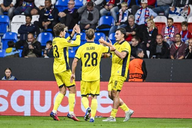 Union s Mateo Biondic celebrates after scoring during a soccer game between Czech FC Viktoria Plzen and Belgian Royale Union Saint-Gilloise, Thursday 17 September 2026 in Plzen, Czech Republic, on the first day (out of 8) in the league phase of the UEFA Europa League competition. TOM GOYVAERTS TomxGoyvaerts  x186778463x