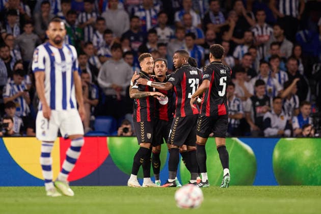 September 17, 2026, San Sebastian, Guipuzcoa, Spain: Justin Kluivert of AFC Bournemouth celebrates after scoring the team s first goal during the UEFA Europa League 2026 27 League Phase MD1 match between Real Sociedad and AFC Bournemouth at Anoeta on September 17, 2026, in San Sebastian, Spain. Real Sociedad V AFC Bournemouth - UEFA Europa League 2026 27 League Phase MD1  - ZUMAa181 20260917_zaa_a181_087 Copyright: xRicardoxLarreinax
