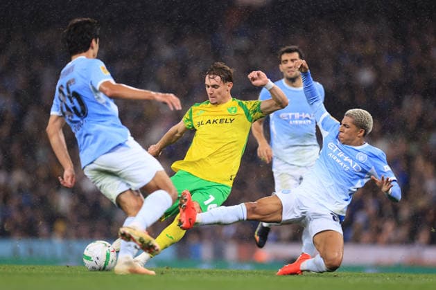 Football - Carabao Cup - 3rd Round - Manchester City v Norwich City 17th September 2026 - Carabao Cup - 3rd Round - Manchester City v Norwich City - Rico Lewis of Manchester City blocks a shot from Jacob Wright of Norwich City - Photo: Simon Stacpoole Offside. Manchester UK Copyright: xSimonxStacpoolexOffside