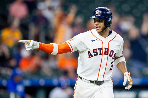 September 17, 2026, Houston, Texas, USA: Houston Astros shortstop JEREMY PENA (3) points to his dugout after hitting a home run during the first inning against the Kansas City Royals at Daikin Park. MLB, Baseball Herren, USA 2026: Houston Astros Vs. Kansas City Royals  - ZUMAh306 20260917_zsp_h306_006 Copyright: xOscarxHerrerax