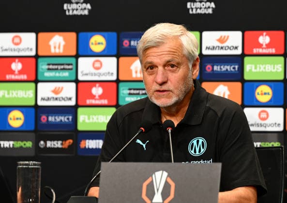 Besiktas v Olympique Marseille - UEFA Europa League ISTANBUL, TURKIYE - SEPTEMBER 18: Head coach of Olympique Marseille, Bruno Genesio speaks to press after the UEFA Europa League Week 1 match between Besiktas and Olympique Marseille at Tupras Stadium in Istanbul, Turkiye, on September 18, 2026. Esra Bilgin Anadolu Istanbul Turkey. Editorial use only. Please get in touch for any other usage.  Copyright: x2026xAnadoluxEsraxBilginx