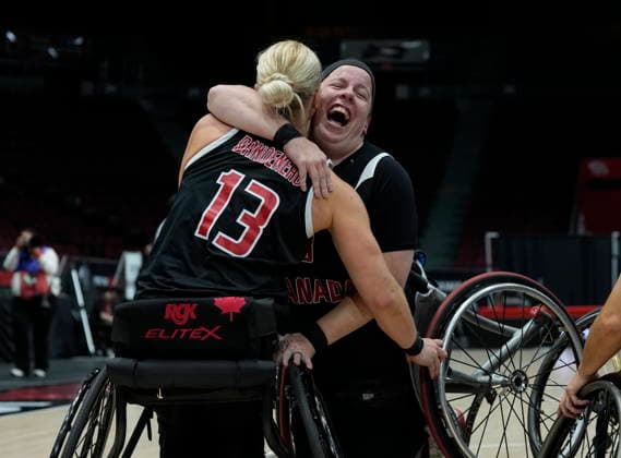 September 17, 2026, Ottawa, On, Canada: Canada s Tamara Steeves (8) hugs Canada s Kady Dandeneau (13) as they defeat the Netherlands in IWBF Wheelchair Basketball World Championships semifinal action in Ottawa, Thursday, Sept. 17, 2026. Canada News - September 17, 2026  - ZUMAc35_ 20260917_zaf_c35_145 Copyright: xAdrianxWyldx
