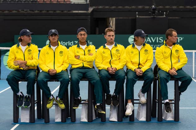 TENNIS DAVIS CUP DRAW, Max Purcell, Adam Walton, Rinky Hijikata, James Duckworth, Alex de Minaur and team captain Lleyton Hewitt (L-R) are seen during a Davis Cup draw event at Pat Rafter Arena, Brisbane, Friday, September 18, 2026. ( NO ARCHIVING  Copyright: xRUSSELLxFREEMANx 20260918180591031963