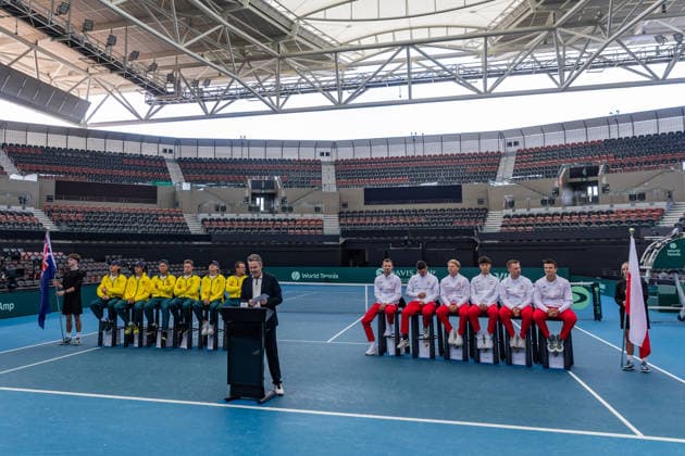 TENNIS DAVIS CUP DRAW, Team Australia and Team Poland are seen during a Davis Cup draw event at Pat Rafter Arena, Brisbane, Friday, September 18, 2026. ( NO ARCHIVING  Copyright: xRUSSELLxFREEMANx 20260918143060400534