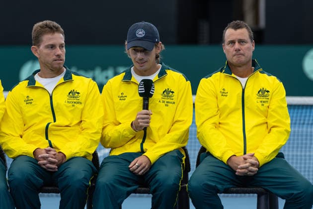 TENNIS DAVIS CUP DRAW, James Duckworth, Alex de Minaur and Lleyton Hewitt are seen during a Davis Cup draw event at Pat Rafter Arena, Brisbane, Friday, September 18, 2026. ( NO ARCHIVING  Copyright: xRUSSELLxFREEMANx 20260918186960251567