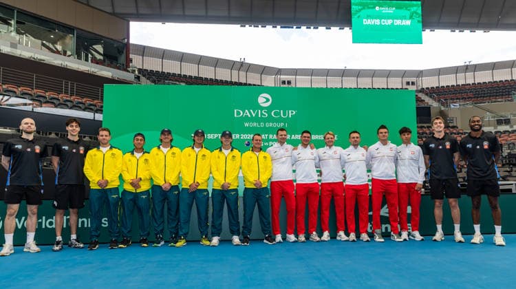 TENNIS DAVIS CUP DRAW, Arnas Velicka, Max Mackinnon, James Duckworth, Rinky Hijikata, Max Purcell, Adam Walton, Alex de Minaur, Lleyton Hewitt, Mariusz Fyrstenberg, Kamil Majchrzak, Maks Kaśnikowski, Jan Zielinski, Karol Drzewiecki, Jan Sadzik, Harry Rouhliadeff and Jaylin Williams (L-R) pose for a photo during a Davis Cup draw event at Pat Rafter Arena, Brisbane, Friday, September 18, 2026. ( NO ARCHIVING Copyright: xRUSSELLxFREEMANx 20260918114166427749