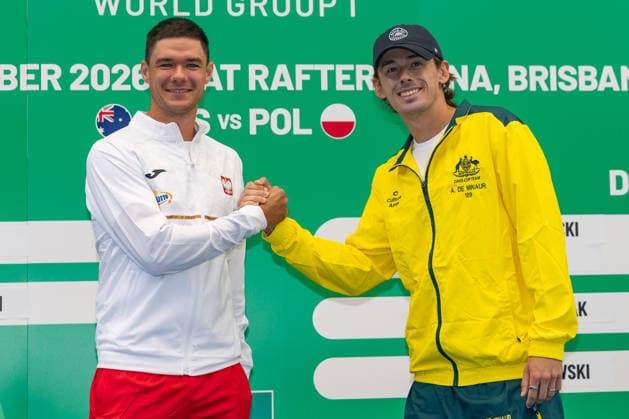 TENNIS DAVIS CUP DRAW, Kamil Majchrzak and Alex de Minaur pose for a photo during a Davis Cup draw event at Pat Rafter Arena, Brisbane, Friday, September 18, 2026. ( NO ARCHIVING  Copyright: xRUSSELLxFREEMANx 20260918187043382732