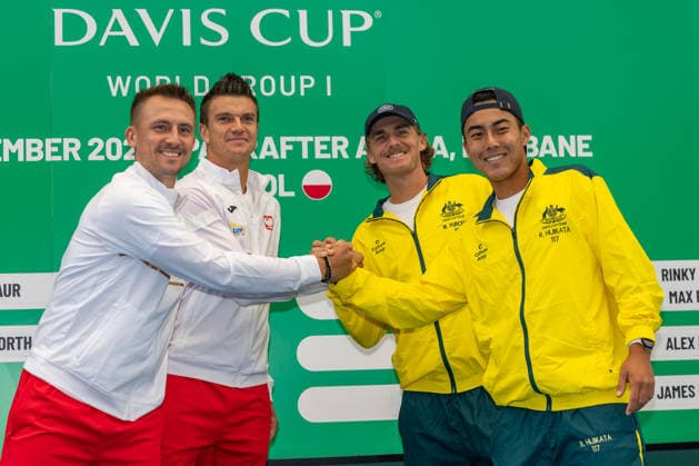 TENNIS DAVIS CUP DRAW, Jan Zielinski, Karol Drzewiecki, Max Purcell and Rinky Hijikata (L-R) pose for a photo during a Davis Cup draw event at Pat Rafter Arena, Brisbane, Friday, September 18, 2026. ( NO ARCHIVING  Copyright: xRUSSELLxFREEMANx 20260918155329081839