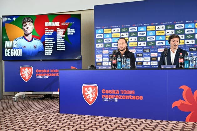 The press conference, PK, Pressekonferenz of the Czech national soccer team and the Under-21 team regarding the roster for the September and October matches, was held in Prague, Czech Republic, on September 18, 2026. On the photo are seen, from letf, general manager of the national soccer teams Pavel Nedved and head coach of the national team, Nationalteam Santi Denia. (CTKxPhoto KaterinaxSulova) CTKPhotoP2026091803631  CTKPhotoP2026091803631