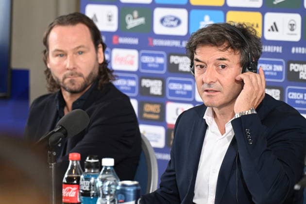 The press conference, PK, Pressekonferenz of the Czech national soccer team and the Under-21 team regarding the roster for the September and October matches, was held in Prague, Czech Republic, on September 18, 2026. On the photo are seen, from letf, general manager of the national soccer teams Pavel Nedved and head coach of the national team, Nationalteam Santi Denia. (CTKxPhoto KaterinaxSulova) CTKPhotoP2026091803642  CTKPhotoP2026091803642