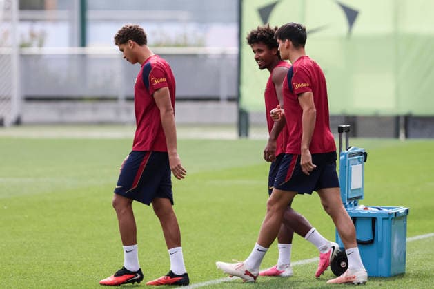 September 18, 2026, Sant Joan Despi, Barcelona, Spain: Karim Adeyemi, Hamza Abdelkarim and Gerard Martin during the training day of FC Barcelona, Barca ahead the Spanish League, Laliga EA Sports, football match against Sevilla FC at Ciudad Esportiva Joan Gamper on September 18, 2026 in Sant Joan Despi, Barcelona, Spain. FC Barcelona Training And press conference, PK, Pressekonferenz - LaLiga EA Sports - ZUMAa181 20260918_zaa_a181_003 Copyright: xJavierxBorregox