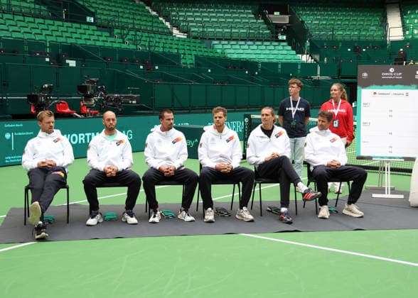 Davis Cup Draw Ceremony Germany vs. Croatia, Team Germany L-R Kevin Krawietz, Tim Puetz,Daniel Altmaier Yannik Hanfmann,Alexander Zverev, Team Captain Michael Kohlmann,Heristo Arena, Halle Westf., Germany Copyright: xJuergenxHasenkopfx