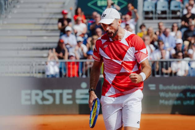 TENNIS - Davis Cup, AUT vs BEL VIENNA,AUSTRIA,18.SEP.26 - TENNIS - ITF Davis Cup, qualification round 2, Austria vs Belgium. Image shows the rejoicing of Jurij Rodionov (AUT).  GEPAxpictures xAlexanderxSolc