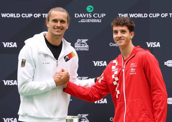 Davis Cup Draw Ceremony Germany vs. Croatia, Team Germany L-R Alexander Zverev (GER), Matej Dodig (CRO), Heristo Arena, Halle Westf., Copyright: xJuergenxHasenkopfx