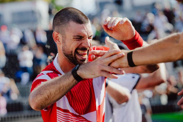 TENNIS - Davis Cup, AUT vs BEL VIENNA,AUSTRIA,18.SEP.26 - TENNIS - ITF Davis Cup, qualification round 2, Austria vs Belgium. Image shows the rejoicing of Jurij Rodionov (AUT).  GEPAxpictures xAlexanderxSolc