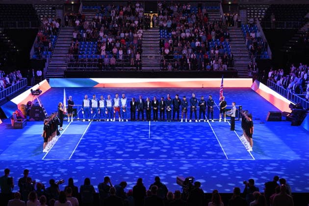 A group photo of the Czech, left, and US teams posing prior to the 2026 Davis Cup men s team tennis World Championship, WM, Weltmeisterschaft match between the Czech Republic and the United States. From left: Adam Pavlasek, Patrik Rikl, Vit Kopriva, Jiri Lehecka, Jakub Mensik and non-playing captain Tomas Berdych, in Prague, Czech Republic, on September 18, 2026. (CTKxPhoto MichalxKamaryt) CTKPhotoP2026091805234 CTKPhotoP2026091805234