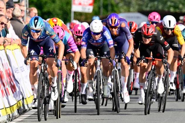Kampioenschap van Vlaanderen 2026 Cycling Race KOOLSKAMP, BELGIUM - SEPTEMBER 18 : Merlier Tim (BEL) of Soudal Quick-Step wins the sprint, second place for Groenewegen Dylan (NED) of Unibet Rose Rockets, third place for Waerenskjold Soren (NOR) of Uno-X Mobility during the 110th edition of Kampioenschap van Vlaanderen an UCI Class 1.1 one day cycling road race for Men Elite of km with start in Koolskamp and finish in Koolskamp on September 18, 2026 in Koolskamp, Belgium, 18 09 2026 Koolskamp Belgium  Copyright: xJanxDexMeuleneirx