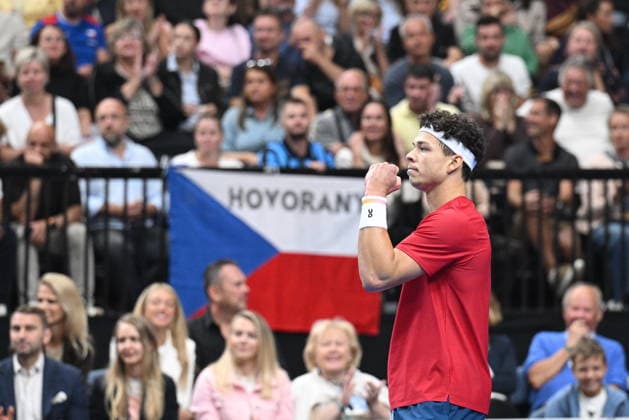 Ben Shelton (USA), photo, playes against Jiri Lehecka (CZE) in their game of the 2026 Davis Cup men s team tennis World Championship, WM, Weltmeisterschaft match between the Czech Republic and the United States, in Prague, Czech Republic, on September 18, 2026. (CTKxPhoto MichalxKamaryt) CTKPhotoP2026091806824  CTKPhotoP2026091806824