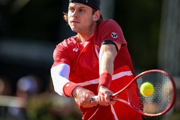 Belgian Zizou Bergs is pictured in action during a tennis match between Austrian Neumayer and Belgian Bergs, the second rubber in the tie between Austria and Belgium, qualifiers for the Davis Cup tournament, on Friday 18 September 2026 in Vienna, Austria. DAVIDxPINTENS  x186859685x