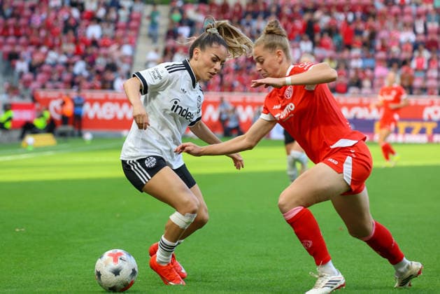 18.09.2026, xusrbx, Fussball Google Pixel Frauen-Bundesliga, FSV Mainz 05 - Eintracht Frankfurt v.l. Ereleta Memeti (Eintracht Frankfurt, 7),Saskia Matheis (FSV Mainz 05, 19), Mainz