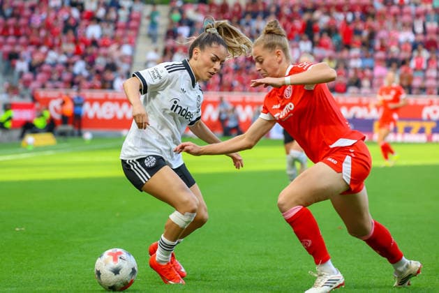 18.09.2026, xusrbx, Fussball Google Pixel Frauen-Bundesliga, FSV Mainz 05 - Eintracht Frankfurt v.l. Ereleta Memeti (Eintracht Frankfurt, 7),Saskia Matheis (FSV Mainz 05, 19), Mainz
