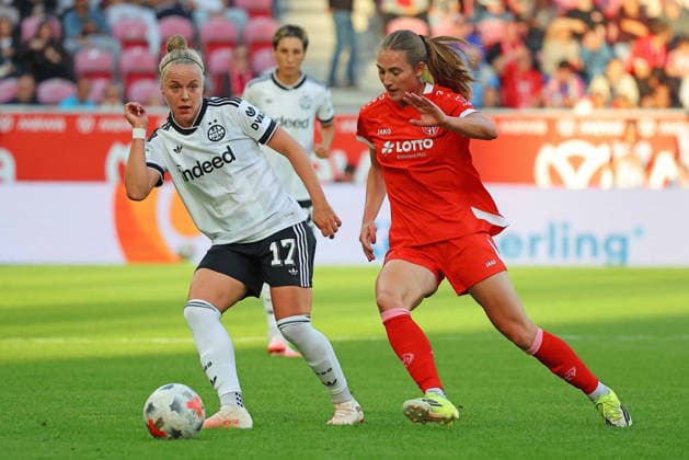 Mainz, Deutschland 18. September 2026: 1. BL Frauen - 2026 2027 - Sp. 5 - 1. FSV Mainz 05 gegen Eintracht Frankfurt Im Bild: v. li. im Zweikampf Pia-Sophie Wolter (Frankfurt) gegen Mattson Strickler (FSV). DFL DFB regulations prohibit any use of photographs as image sequences and or quasi-video Bruchwegstadion Rheinland - Pfalz Copyright: xFotostandx xRacochax